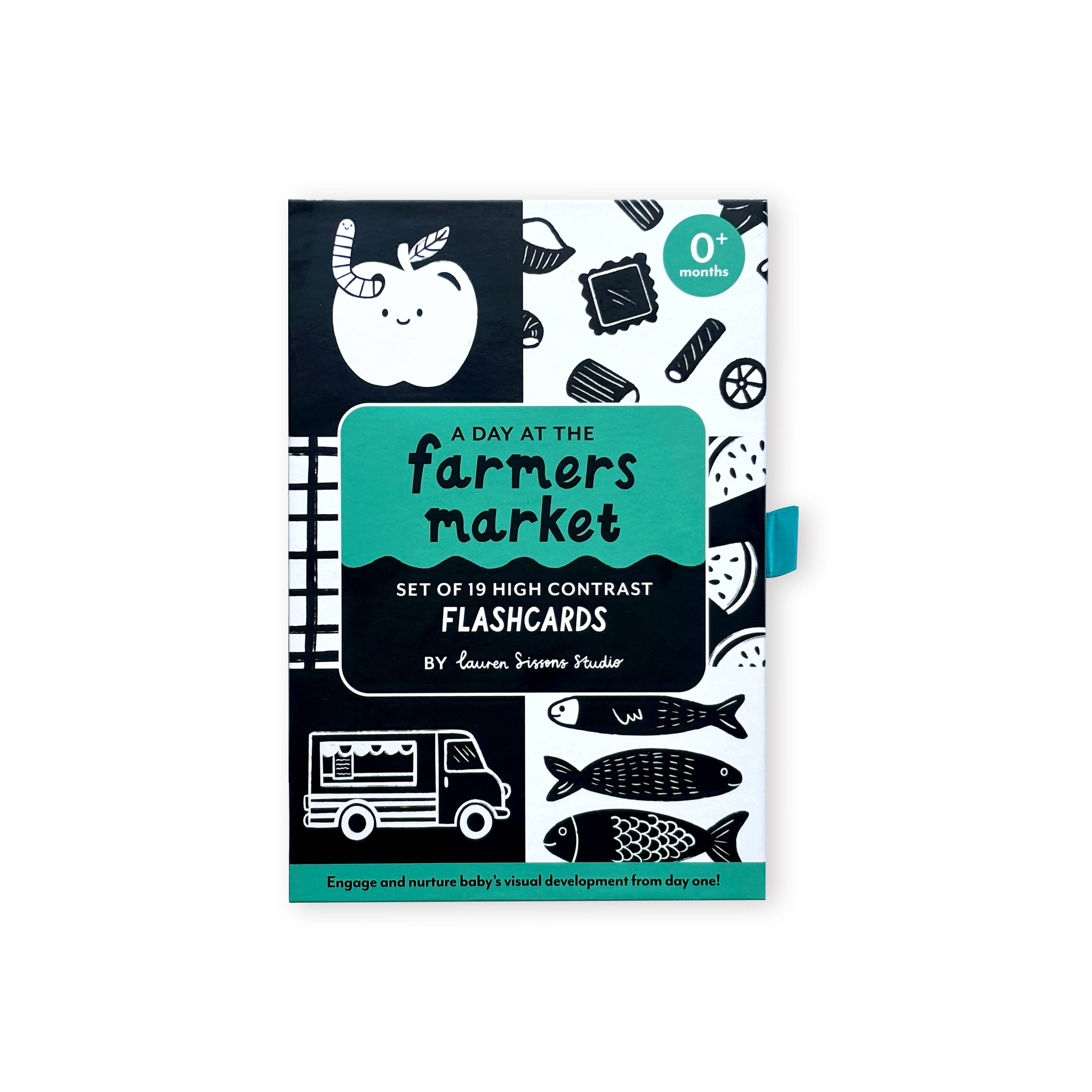 Lauren Sissons Studio’s High Contrast Flashcards for Baby – Sensory Newborn Gift features black-and-white cards with teal accents, showcasing fruits, fish, a food truck, and more to support visual development from 0+ months.
