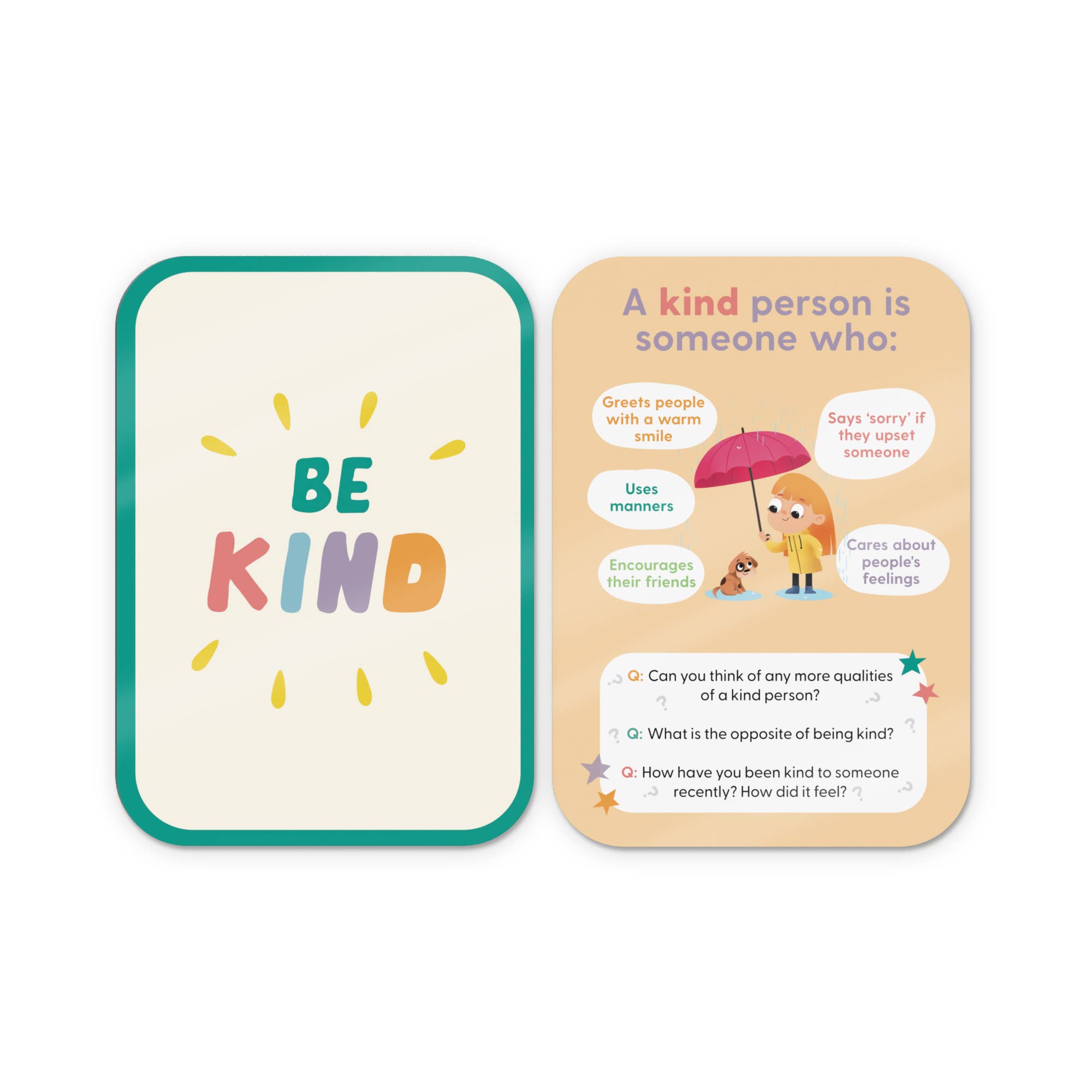 The Character Matters Flashcards for Kids by Mindful Champs feature a colorful "Be Kind" card and another with kindness qualities, a girl with an umbrella and dog, plus questions to inspire character growth.