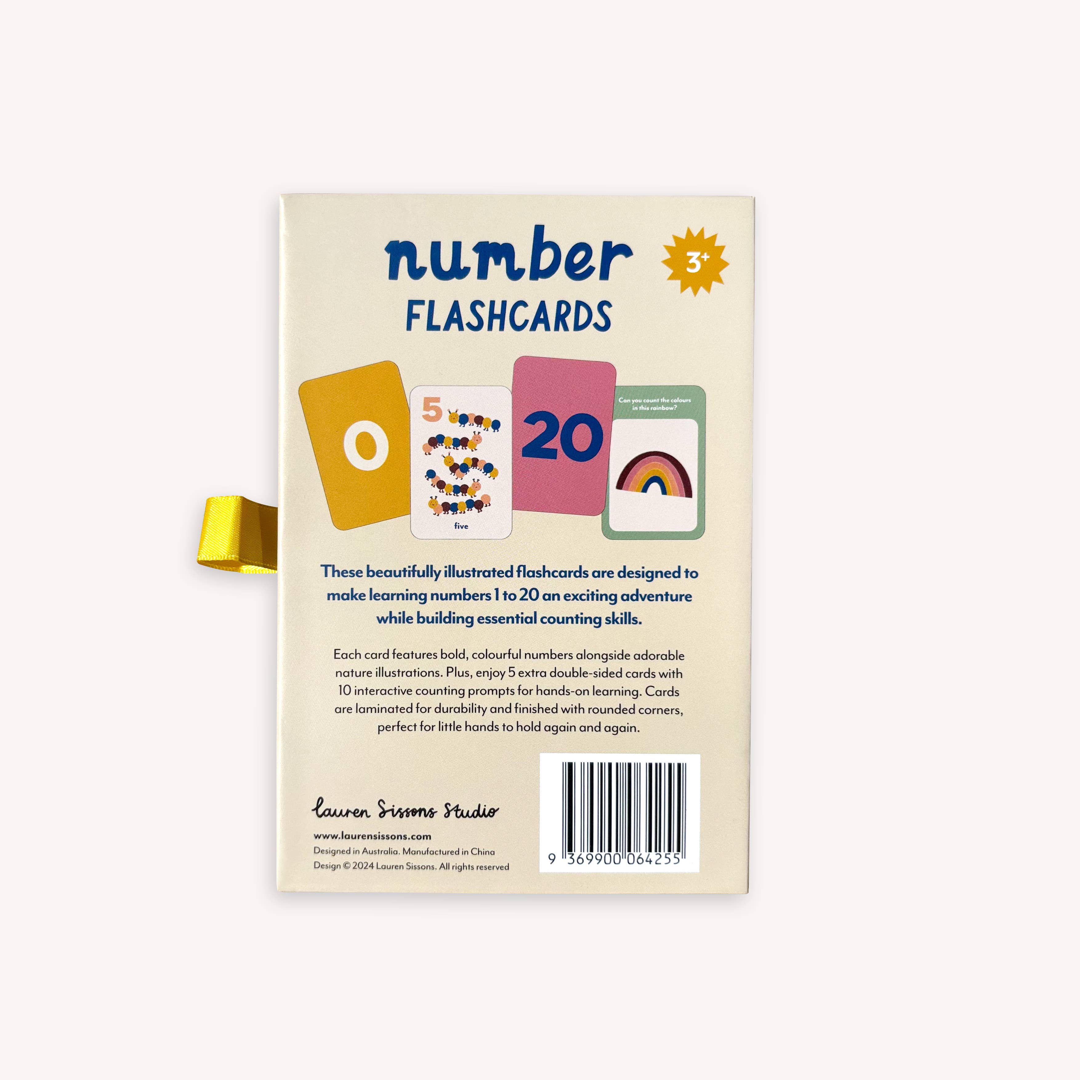 The back of the Lauren Sissons Studio Illustrated Number Flashcards box for ages 3+ shows 0, 5, and 20 cards, a yellow ribbon pull tab, and explains learning numbers 1-20 with fun counting flashcards for kids.