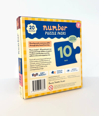 The Lauren Sissons Studio Number Puzzle Pairs - Kids Toys Learning Game Educational is for ages 3+ and includes 20 number puzzles, promoting early numeracy, counting, and problem-solving skills. The back displays a sample “10” piece with the word “ten.”.