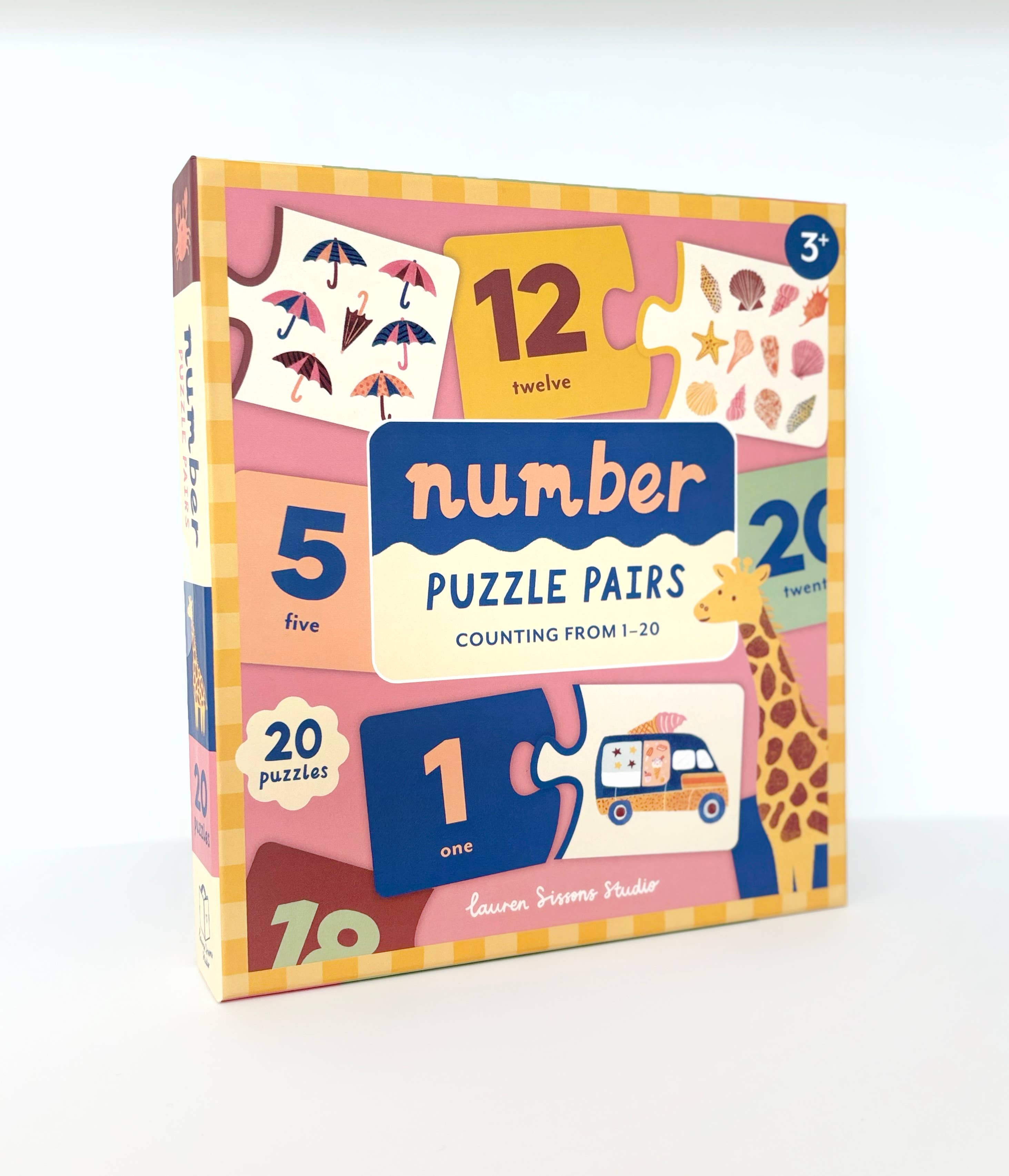 The Lauren Sissons Studio “Number Puzzle Pairs - Kids Toys Learning Game Educational” offers 20 colorful puzzles for ages 3+, helping kids count from 1 to 20 and build early numeracy with playful images and pieces.