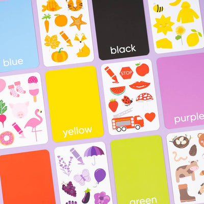 Priya & Peanut Colour Flash Cards are vibrant toddler learning cards labeled with color words and matching objects, including blue, orange, black, yellow, red, purple, and green—perfect for fun early education.
