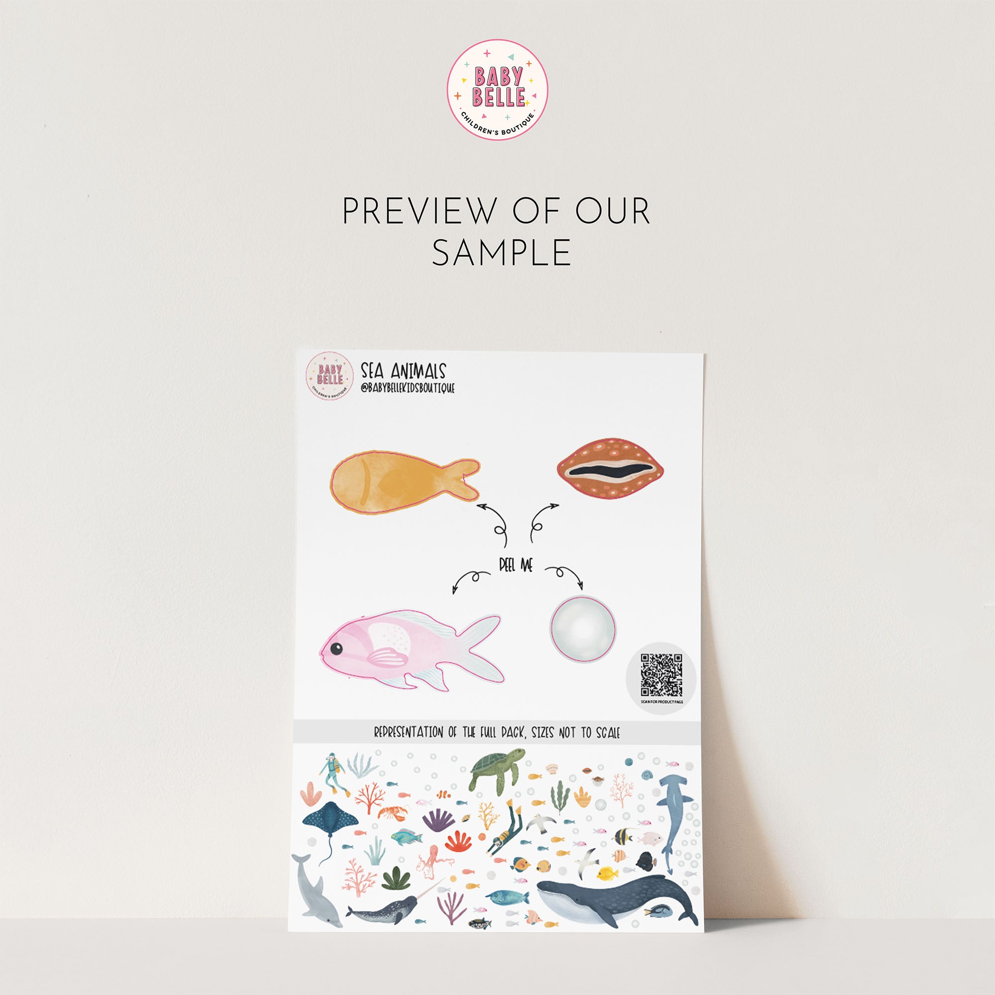 A preview page showcases Sea Animals Stickers by My Store, featuring ocean-themed wall stickers with sea animal illustrations like a goldfish, clam, and pink fish. The lower section displays vibrant sea life decals such as whales and fish in colorful patterns, while the top features the Baby Bell logo.