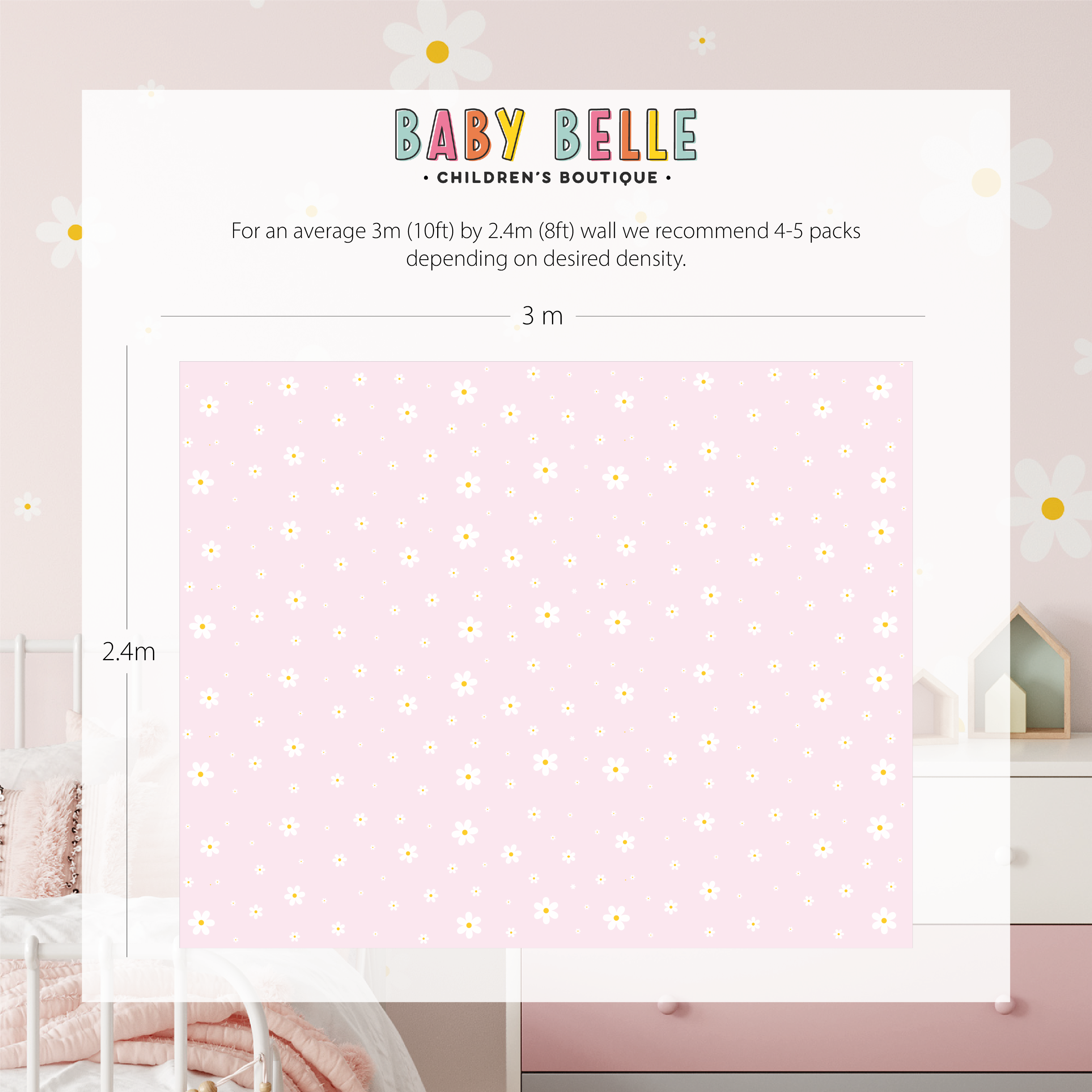 The childrens bedroom features pink floral wallpaper with small flowers (3m x 2.4m), needing 4-5 packs for ideal coverage. Its minimalistic style is enhanced by My Stores Daisy Wall Decals, perfect for nursery decor with complementing removable flower stickers.