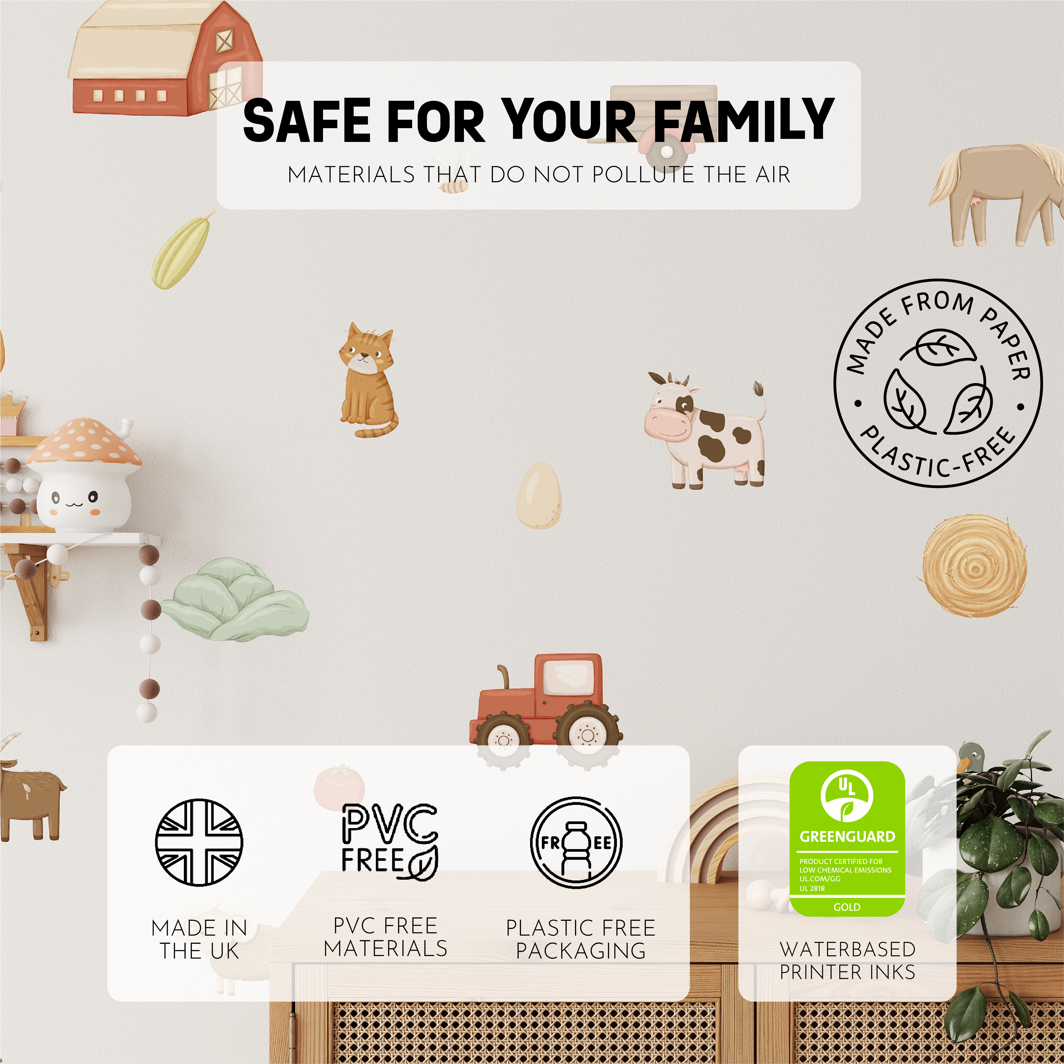 Decorate your nursery with Baby Belle's On The Farm Wall Decals featuring a cat, tractor, barn, and sheep. Made in the UK, they’re PVC-free, plastic-free, Greenguard certified, and printed with water-based inks.