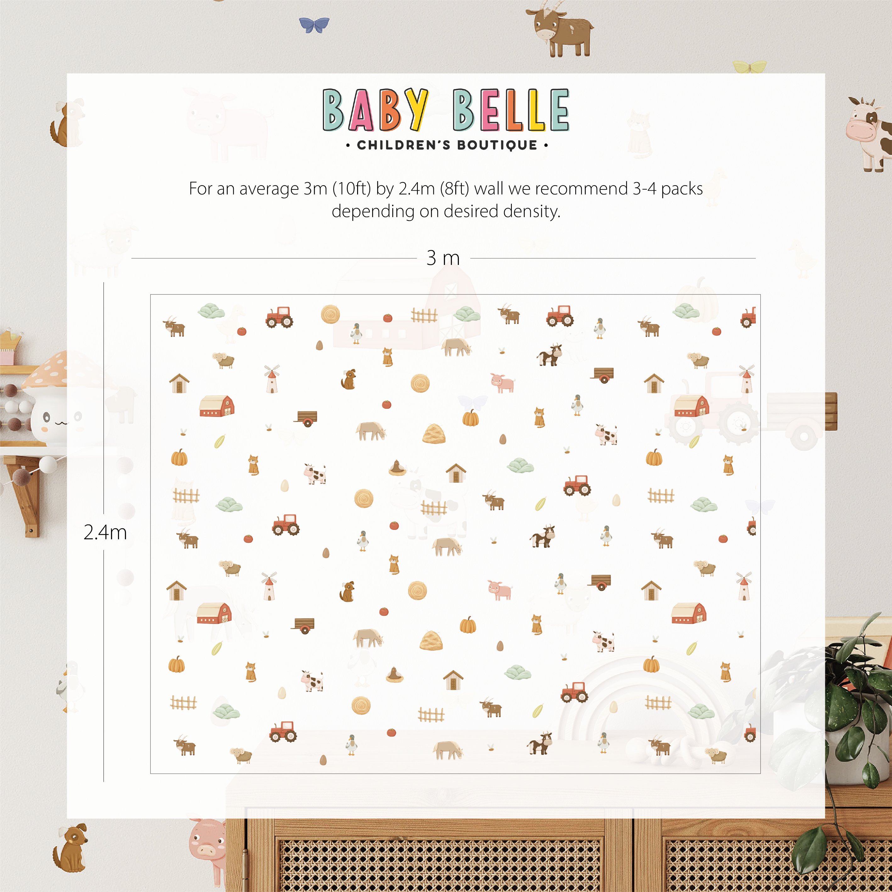 A 3m x 2.4m wall decorated with On The Farm Wall Decals by Baby Belle, featuring playful farm animals—ideal nursery decor; for coverage, use 3-4 packs.