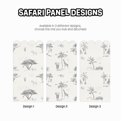My Stores Safari Wall Panels feature three scalloped, peel-and-stick designs: Panel 1 with trees and giraffes, Panel 2 with elephants and giraffes, and Panel 3 with rhinoceroses and trees. These black-and-white safari-themed sketches easily add a touch of the wild to your space.
