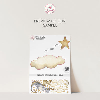 A sample book cover design features whimsical elements like stars, clouds, and enchanting watercolor dragon decals. The top circle showcases My Store branding for the Dragon Stickers. Preview of our sample is centered above, hinting at removable decals for added versatility.