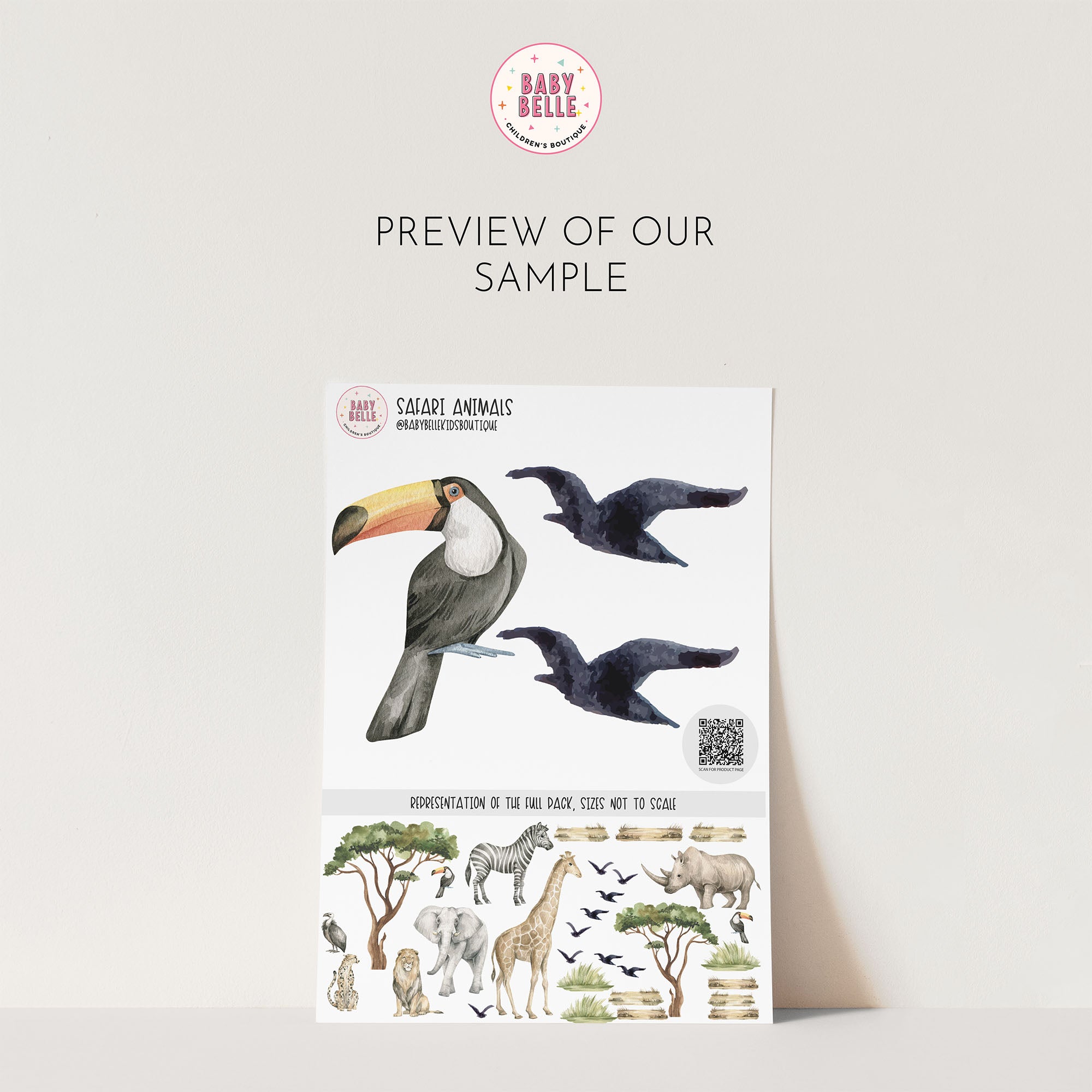 A sample sheet of Safari Animals Nursery Stickers by My Store is shown against a neutral background. The decals feature images of a toucan, birds in flight, and various animals like elephants, zebras, and giraffes.