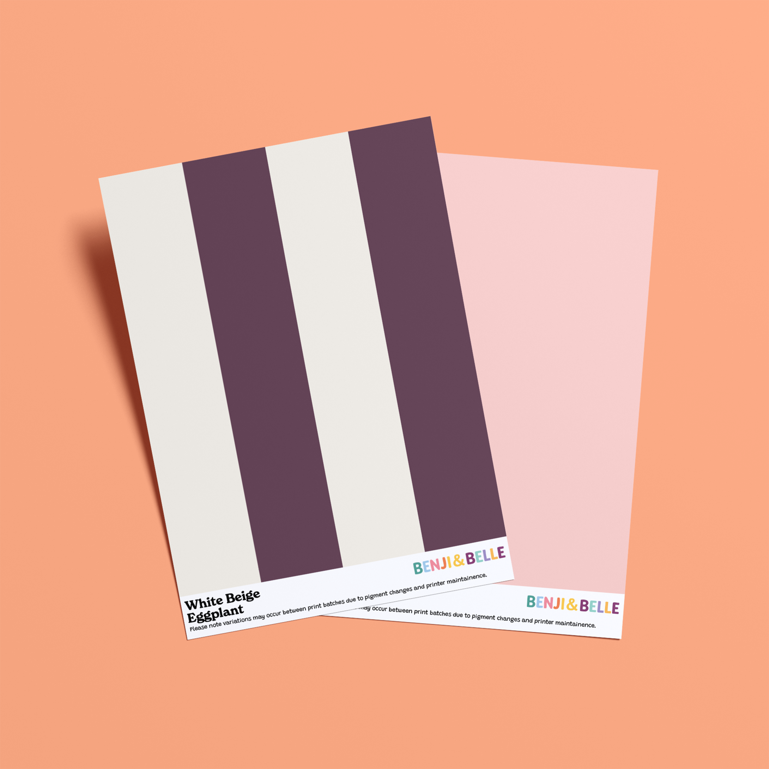 Two Benji & Belle Wallpaper Colour Sample cards on a peach background: the top card features white, beige, and eggplant purple stripes, while the bottom card is solid light pink. Both display the Benji & Belle logo.