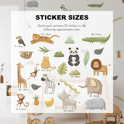 Decorate your nursery with My Stores Safari & Jungle Animal Stickers set of 27 decals, featuring a panda, lion, giraffe, and crocodile. Their diverse sizes and soft neutral tones enhance the cozy ambiance, ideal for nursery decor.