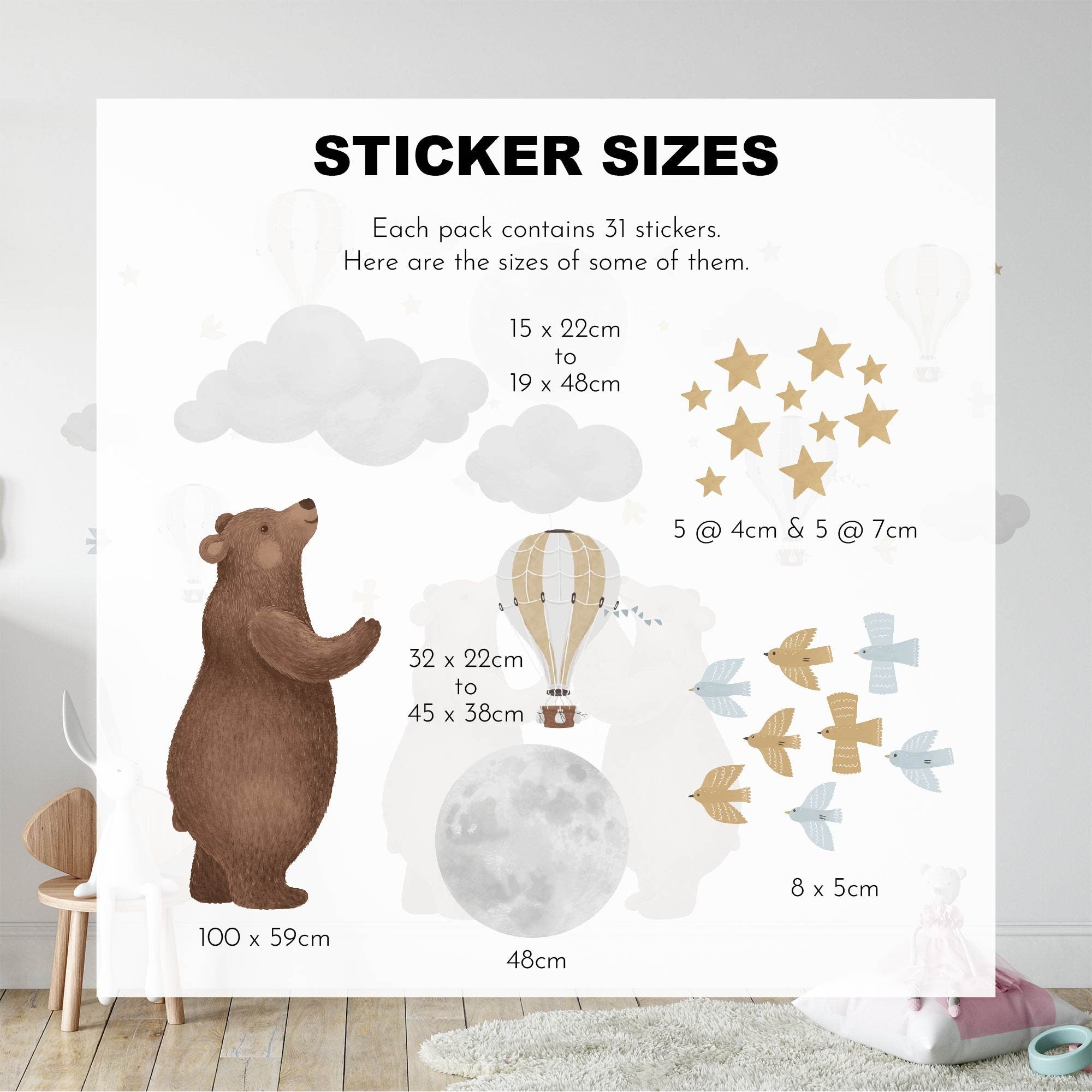 Explore My Stores Bears & Moon Stickers size chart, featuring nursery wall decals like a 100x59cm bear, 48cm hot air balloon, stars, clouds, and birds. Perfect for dreamy spaces, these removable stickers transform any room.