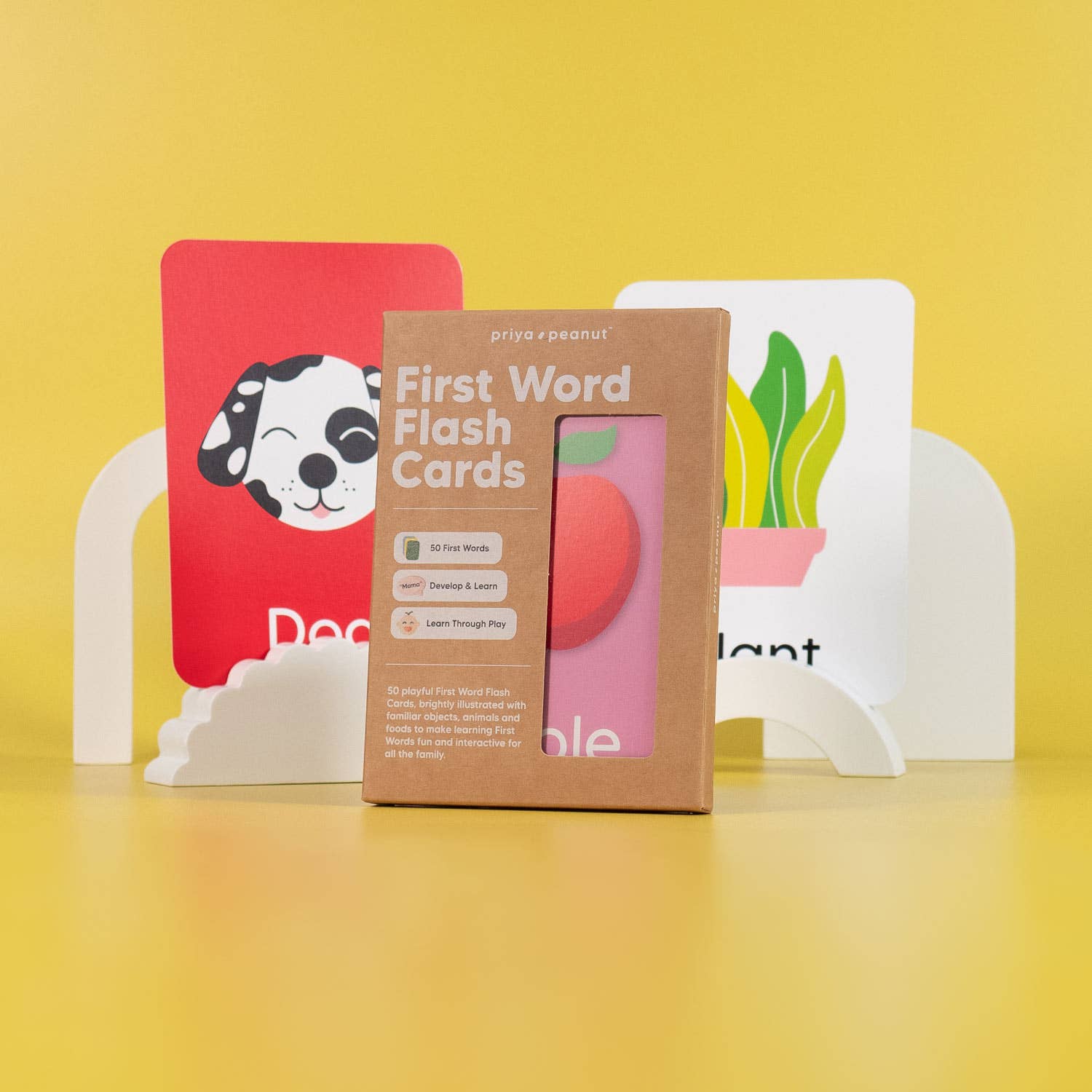 A box of Priya & Peanut’s First Word Flash Cards | 50 First Words For Toddlers stands on a yellow surface with dog and plant cards behind it, designed to help children learn through play and support toddler speech development.