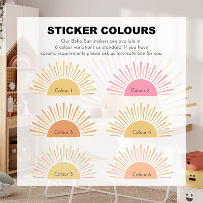 A chart showcases six Boho Sun Stickers by My Store, labeled Colour 1 to Colour 6, in a cozy room with soft lighting and a wooden shelf ideal for nursery decor. The top text highlights custom color options for these beautiful wall decals.