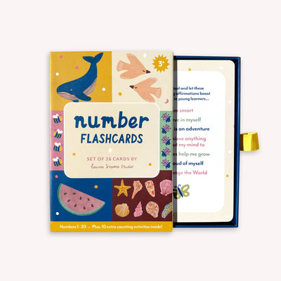 Lauren Sissons Studio Illustrated Number Flashcards – Kids Toys Learning Education. Includes numbers 1-20, colorful animal, fruit, and seashell illustrations, plus 10 bonus counting activities. Perfect for learning to count!.