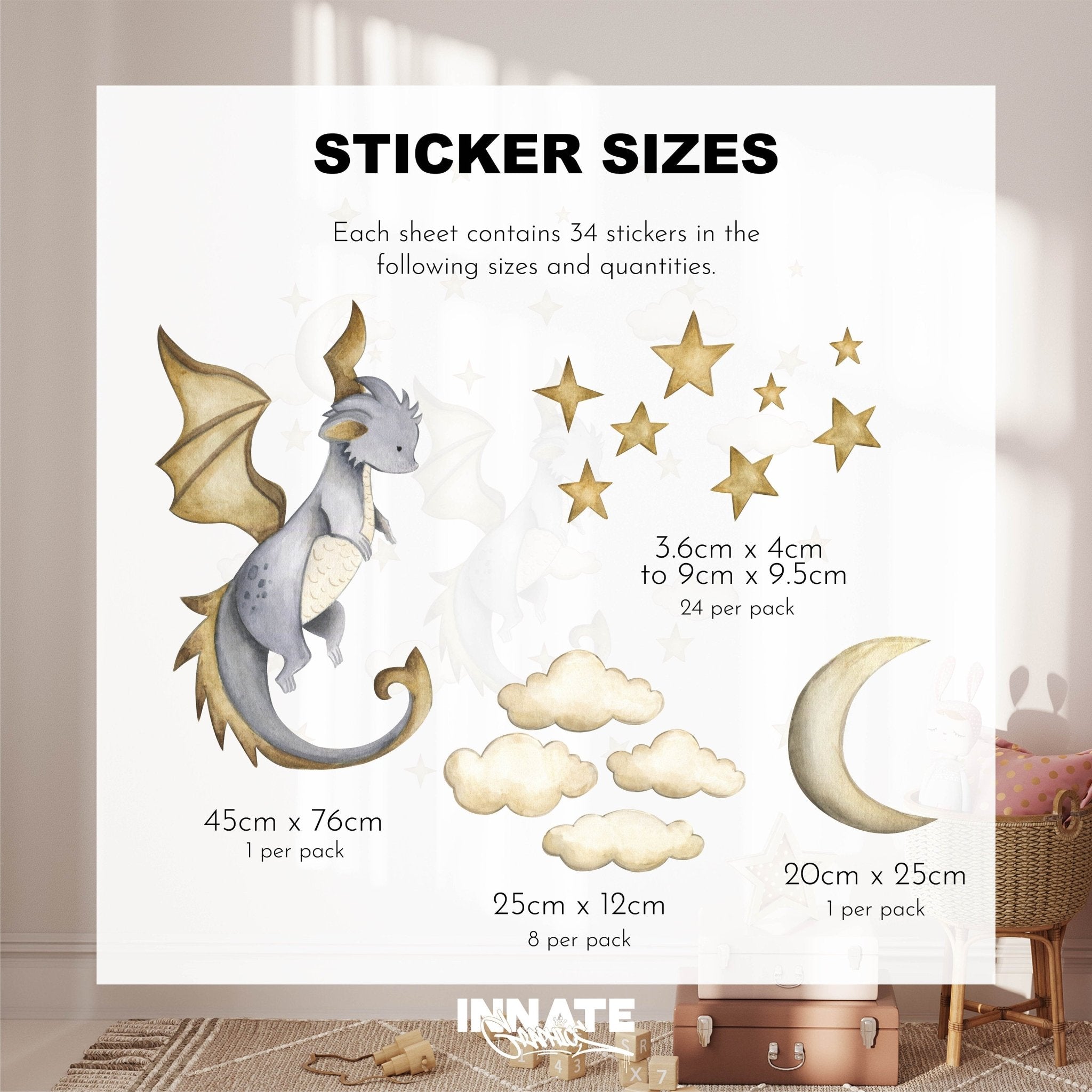 The Dragon Stickers by My Store showcases removable wall decals, including a dragon (45x76cm), clouds (25x12cm), crescent (20x25cm), and stars (3.6-9.5cm). With 34 pieces in total, theyre ideal for decorating any room.