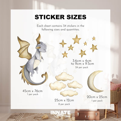 The Dragon Stickers by My Store showcases removable wall decals, including a dragon (45x76cm), clouds (25x12cm), crescent (20x25cm), and stars (3.6-9.5cm). With 34 pieces in total, theyre ideal for decorating any room.