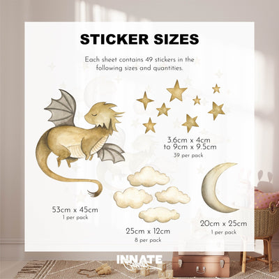 Introducing the Golden Dragon Stickers by My Store: a set of removable wall decals featuring a watercolor dragon (53cm x 45cm), stars, clouds, and a crescent moon. Each sheet contains 49 stunning decals in various sizes for a whimsical decoration.