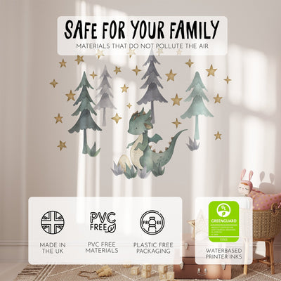 A tranquil nursery is adorned with My Stores Green Dragon Stickers, featuring cute watercolor creatures and forest stars. These designs prioritize safety with PVC-free materials, plastic-free packaging, and Greenguard certification; easy application makes decorating simple as sunlight casts soft shadows.