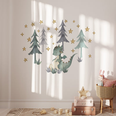 In a nursery room, My Stores Green Dragon Stickers add charm as dragons rest among pine trees and golden stars. Below, a basket holds a plush bunny with stacked suitcases. These decals are easy to apply, allowing soft natural light to filter through.
