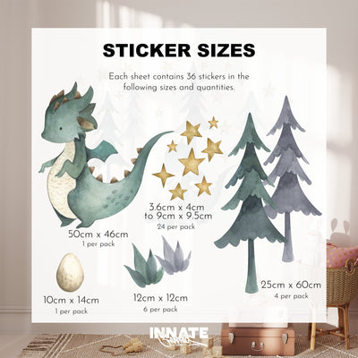 The Green Dragon Stickers by My Store include 36 easy-to-apply wall decals: watercolour dragon (50cm x 46cm), egg (10cm x 14cm), six stars (3.6cm to 9.5cm each), and trees (12cm x 12cm & 25cm x 60cm). Ideal for enhancing room decor.