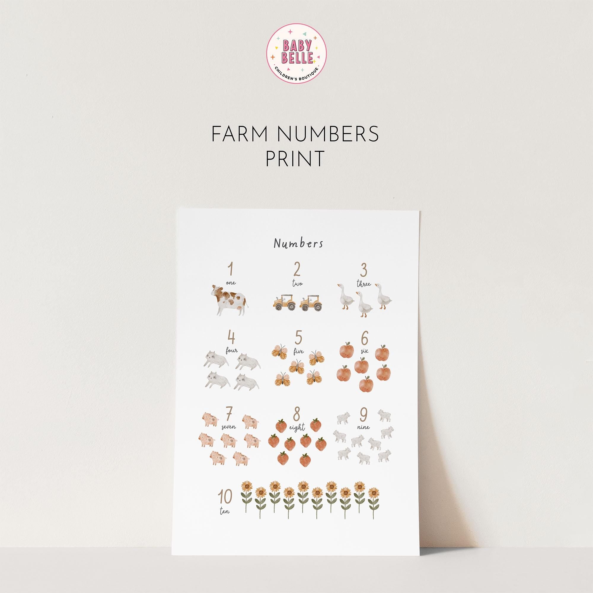 The Farm Animals Alphabet & Numbers Nursery Print from My Store is an educational nursery art piece with numbers 1 to 10, featuring charming farm-themed illustrations like animals, pumpkins, and plants arranged in rows.