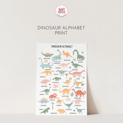 The Dinosaur Alphabet Nursery Print by My Store showcases vibrant dinosaurs for each letter, including Apatosaurus, Brachiosaurus, and Triceratops. Its an engaging nursery art piece perfect for enriching young minds through playful learning.