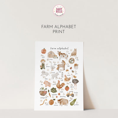 The Farm Animals Alphabet & Numbers Nursery Print by My Store features charming illustrated farm animals and objects for each letter A to Z, with delightful depictions of cows, pigs, tractors, and vegetables—an ideal educational nursery art piece to inspire young minds.