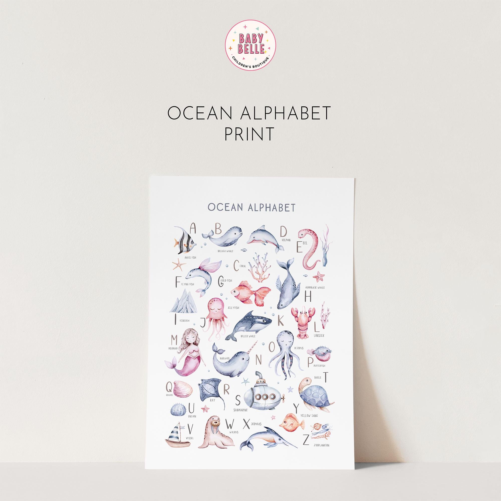 My Stores Under The Sea Nursery Wall Print charms with sea creature illustrations for each letter, from A for Anchor to C for Crab, offering both visual delight and educational value by teaching the alphabet engagingly.