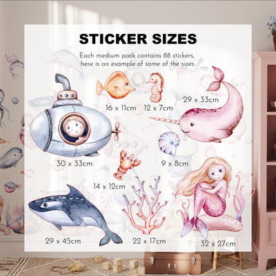 The Under The Sea Nursery Wall Stickers by My Store features a sheet of removable decals in various sizes, including a submarine, fish, narwhal, whale, seahorse, and mermaid. Each comes with measurements against a childrens room backdrop—ideal for a playful marine-themed space.