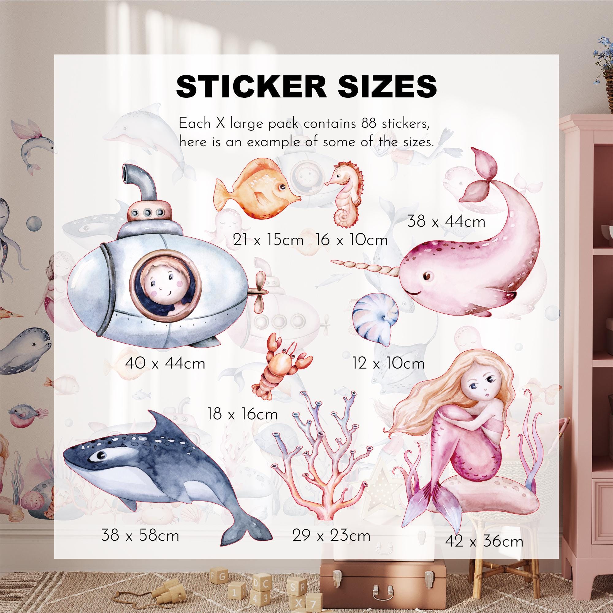 The Under The Sea Nursery Wall Stickers by My Store feature ocean-themed decals like a submarine, fish, whale, narwhal, mermaid, and coral. Displayed in a room with a dresser and suitcase, these sea animal stickers are perfect for enhancing any décor!.
