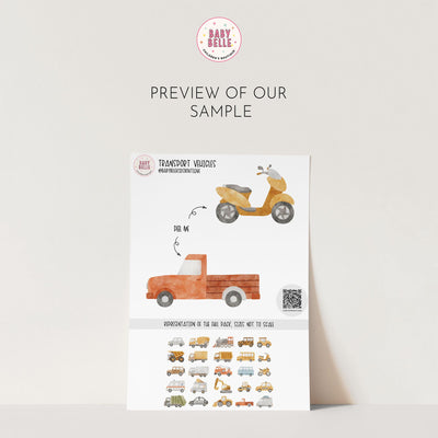 Discover a sample of Transport Vehicles Wall Stickers by My Store, showcasing decals with scooter and pickup truck illustrations. Smaller vehicle images are included, ideal for removable wall decor.