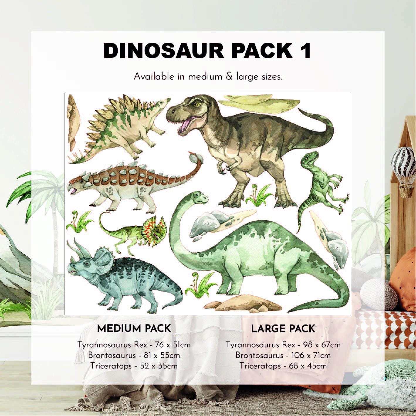 Discover My Stores Dinosaur Nursery Stickers, Dinosaur Pack 1, showcasing Tyrannosaurus Rex, Brontosaurus, Stegosaurus, and Triceratops. These decals come in medium and large sizes, ideal for adding charm to nurseries or childrens playroom backdrops.
