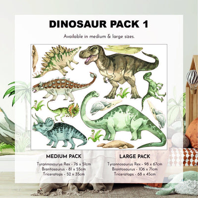 Discover My Stores Dinosaur Nursery Stickers, Dinosaur Pack 1, showcasing Tyrannosaurus Rex, Brontosaurus, Stegosaurus, and Triceratops. These decals come in medium and large sizes, ideal for adding charm to nurseries or childrens playroom backdrops.