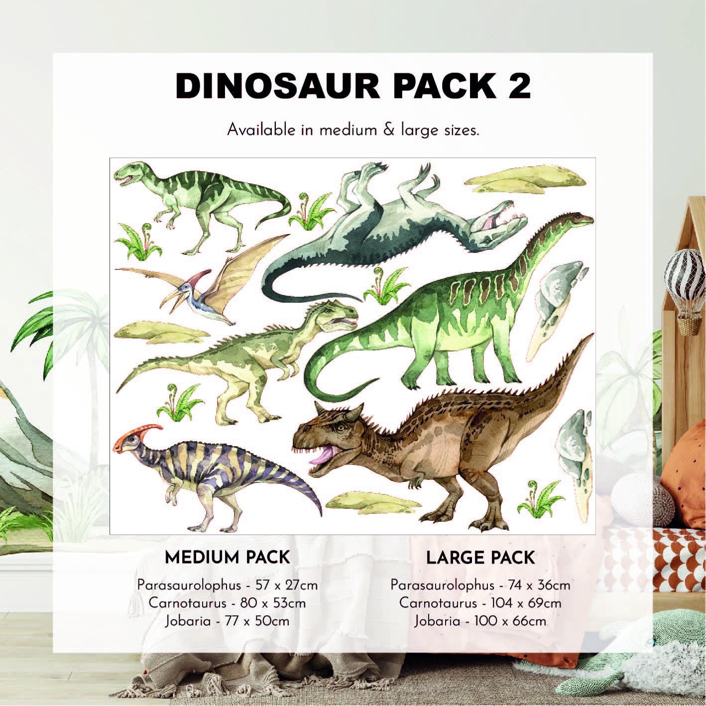The Dinosaur Nursery Stickers by My Store feature illustrations of Parasaurolophus, Carnotaurus, and Jobaria against a lively plant backdrop. Ideal for nursery decor, these wall sticker decals are available in medium and large packs.