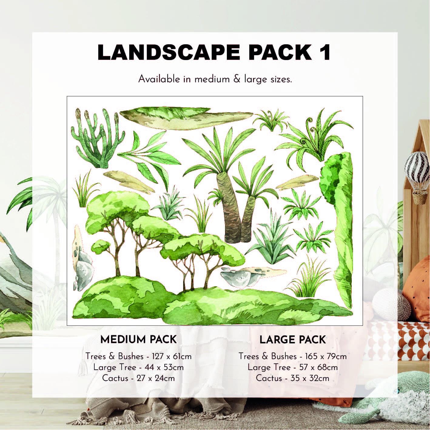 Dinosaur Nursery Stickers by My Store showcase trees, bushes, and cacti labeled Landscape Pack 1. Ideal for nursery decor in cozy spaces, available in medium (127x61 cm) and large (165x79 cm), detailed with dimensions for each element.