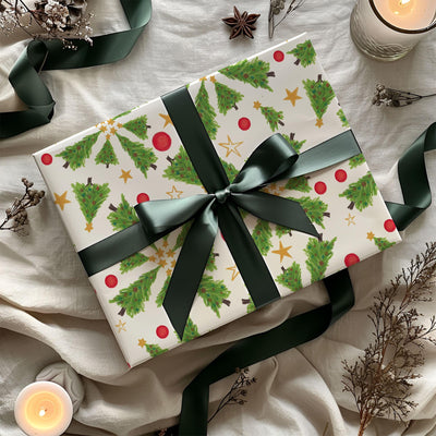 Christmas Trees Gift Wrapping Paper, Eco Friendly Gift Wrap, 100% Recyclable, Luxury Sustainable Kraft Xmas Gift Wrap.