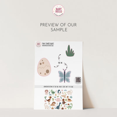 A preview image for My Stores Fun Dinosaurs Stickers shows pastel drawings of a dinosaur egg, leaves, a butterfly, and a cactus-like plant resembling wall decals. Small animal illustrations adorn the bottom section.