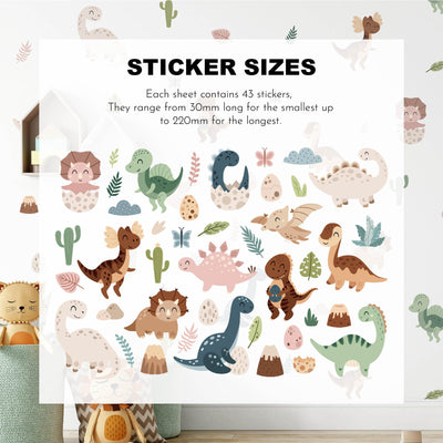 My Stores Fun Dinosaurs Stickers offer a collection of self-adhesive wall decals featuring cartoon dinosaurs, eggs, and plants in soft colors. Each sheet contains 43 removable stickers ranging from 30mm to 220mm in length.