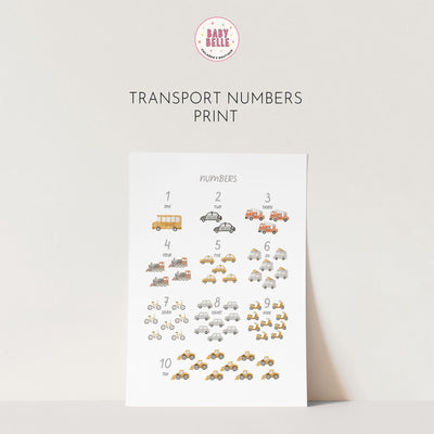 The Transport Alphabet & Numbers Print from My Store is an ideal nursery addition, featuring vehicles like buses, cars, bikes, trucks, and trains with numbers 1 to 10, each number illustrated by the corresponding quantity of vehicles for an engaging educational experience.
