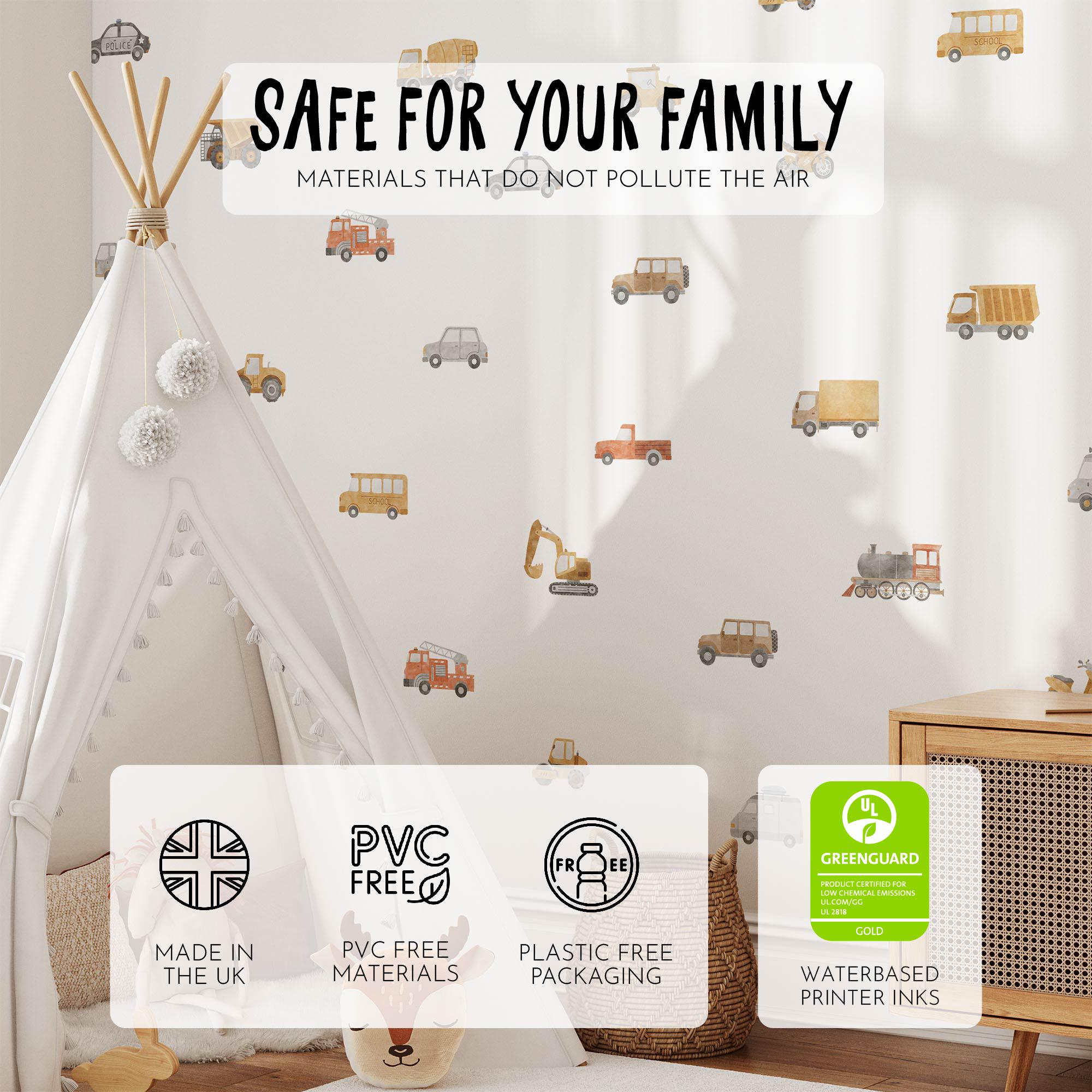 Transform your childs room with My Store’s Transport Vehicles Wall Stickers. These charming, removable decals are made in the UK with eco-friendly features: PVC-free, plastic-free packaging, and water-based inks. Pair them with a white play tent for an inviting, conscience-friendly space.