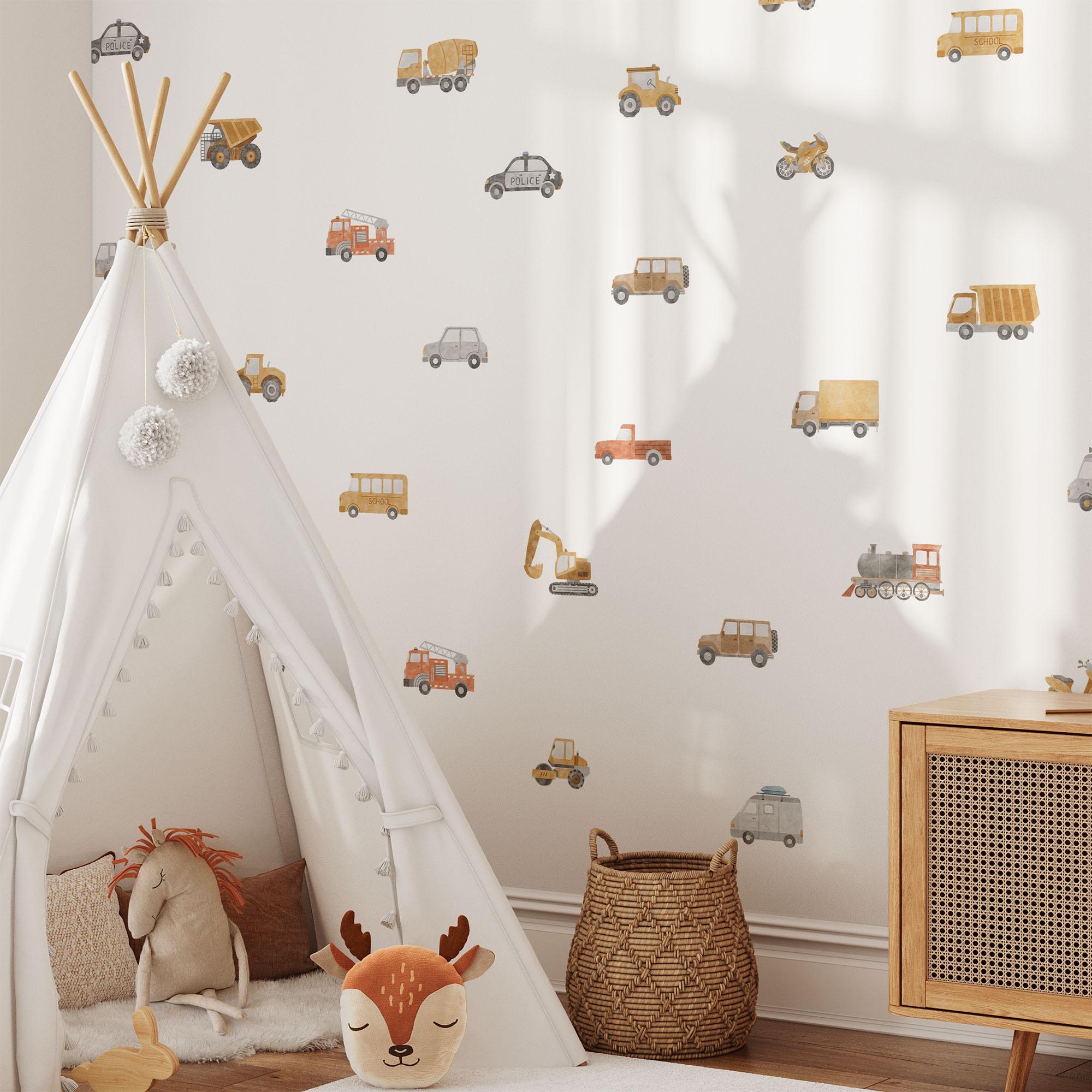 A childrens room features a white teepee tent with a plush deer toy inside and colorful My Stores Transport Vehicles Wall Stickers for playful charm. A woven basket and wooden cabinet complete the scene, while soft natural light filters in, creating a cozy space perfect for imaginative play.