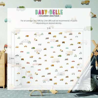 A room with My Stores Transport Vehicles Wall Stickers and white wallpaper showcases cars, trucks, and buses. Use 3-4 packs for a 3m x 2.4m wall. A toy vehicle on a light wood shelf and transport-themed decals enhance the playful atmosphere.