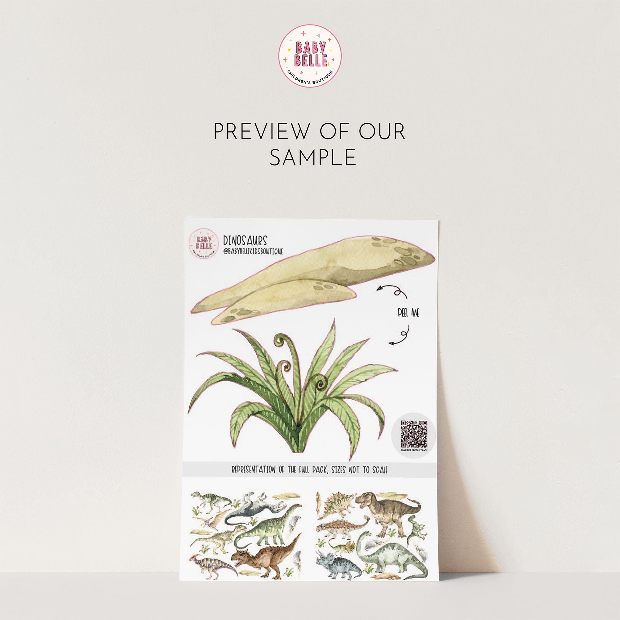 Dinosaur Nursery Stickers by My Store feature watercolor images of pterodactyls, a prehistoric plant, and various dinosaurs at the bottom. Perfect for nursery decor, the top labels it as a Preview of Our Sample.