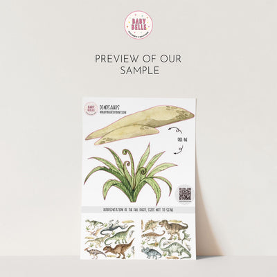 Dinosaur Nursery Stickers by My Store feature watercolor images of pterodactyls, a prehistoric plant, and various dinosaurs at the bottom. Perfect for nursery decor, the top labels it as a Preview of Our Sample.