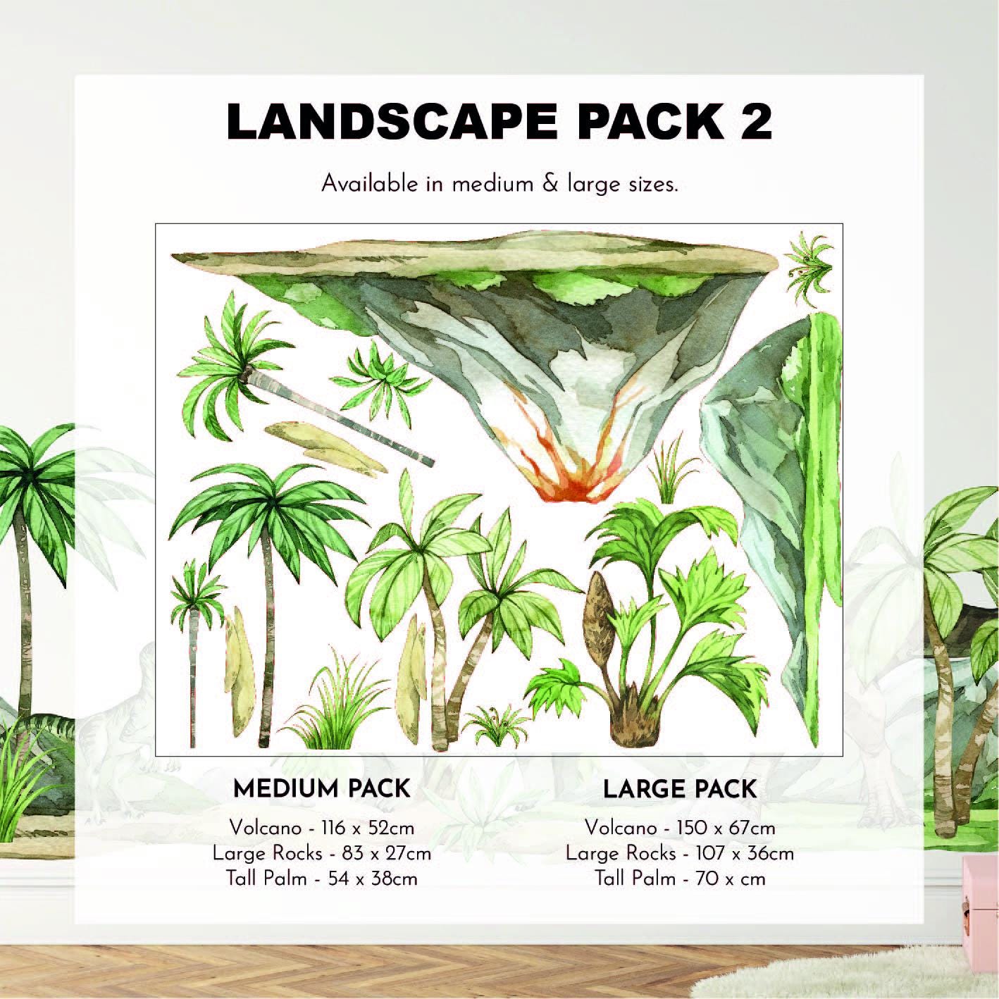 The Dinosaur Nursery Stickers from My Store feature two landscape packs with dinosaur decals, including volcanoes (116x55cm & 150x67cm), large rocks (83x27cm & 107x36cm), and tall palm trees (54x38cm). Perfect for design use.