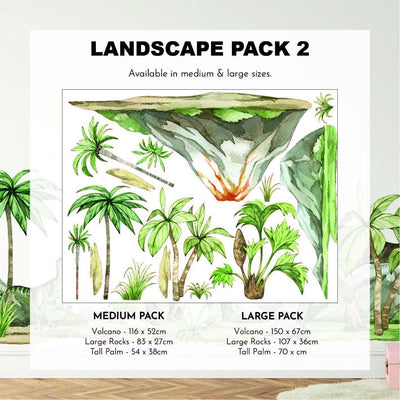 The Dinosaur Nursery Stickers from My Store feature two landscape packs with dinosaur decals, including volcanoes (116x55cm & 150x67cm), large rocks (83x27cm & 107x36cm), and tall palm trees (54x38cm). Perfect for design use.