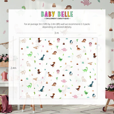 The room features My Stores Fun Dinosaurs Stickers, colorful, removable decals of dinosaurs and plants. Complemented by a pink chair, hanging shelves, and a table with toys, this setup creates a playful atmosphere in any childs space.
