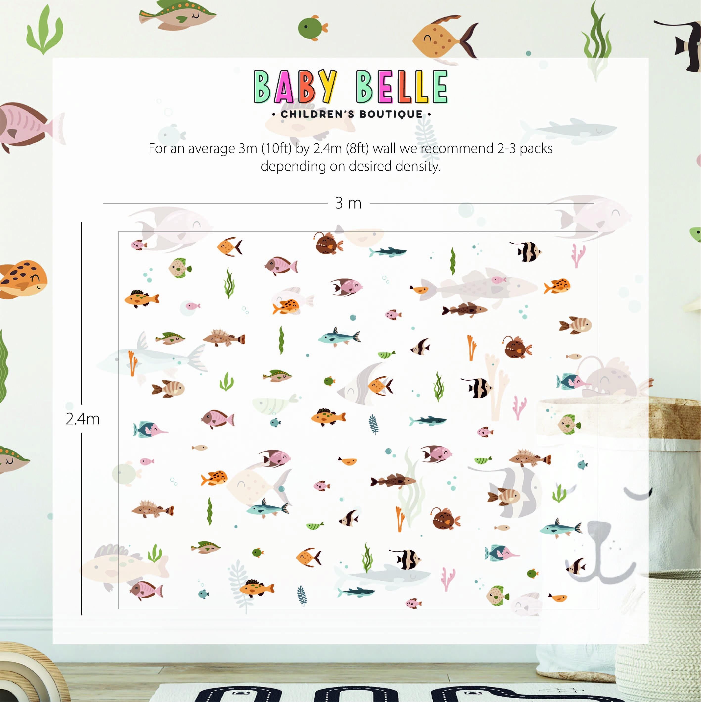 Ocean Fish Stickers by My Store features colorful fish, seaweed, and bubbles in a marine-themed childrens wallpaper. Sea animal decals add fun, with Baby Belle Childrens Boutique text. Fits a 3m x 2.4m wall.