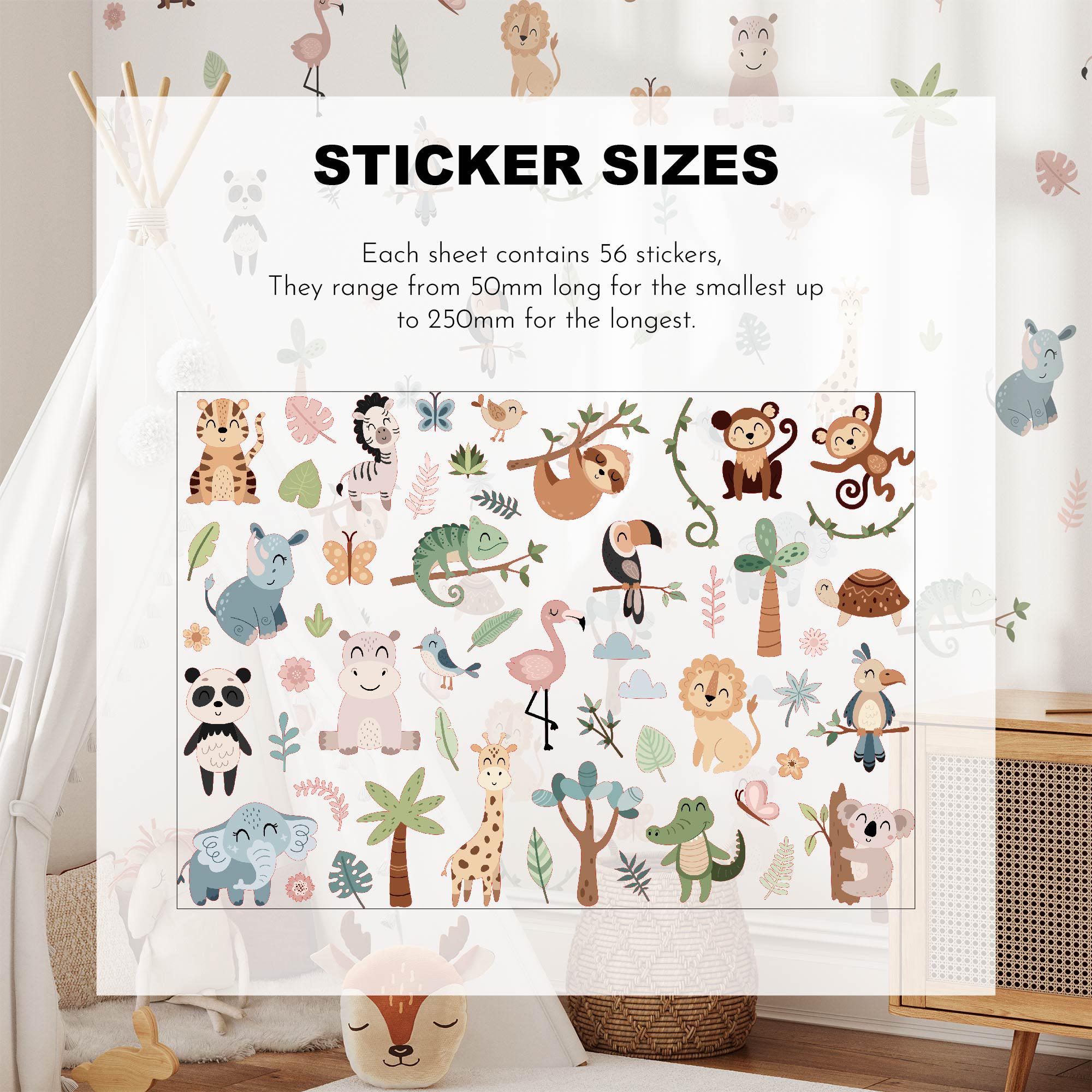 A bright, cozy room is adorned with My Stores Jungle Animal Wall Stickers featuring monkeys, sloths, and flamingos. In the background are a tent and teddy bear. The charming nursery decor includes decals ranging from 50mm to 250mm in size.